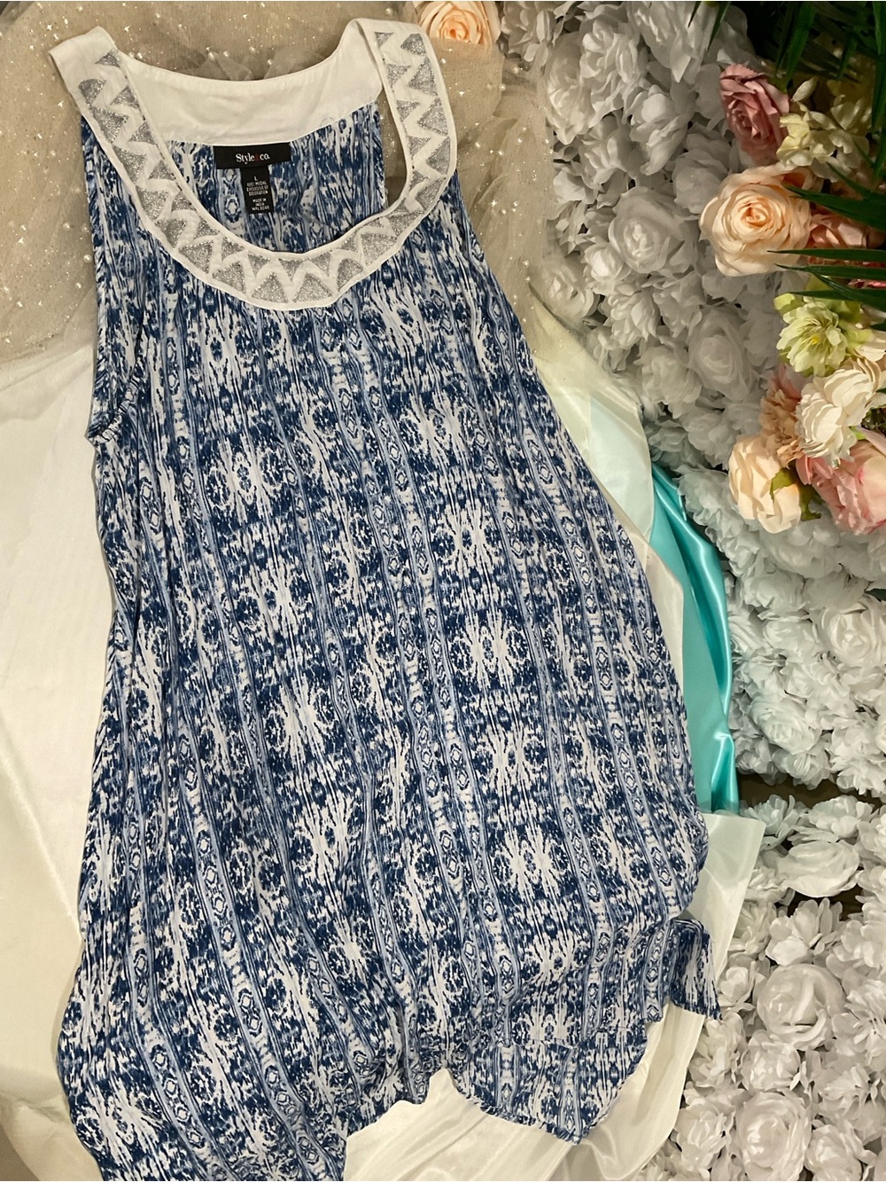 Style & Co. Blue and White Sleeveless Printed dress with Embroidered Yoke
